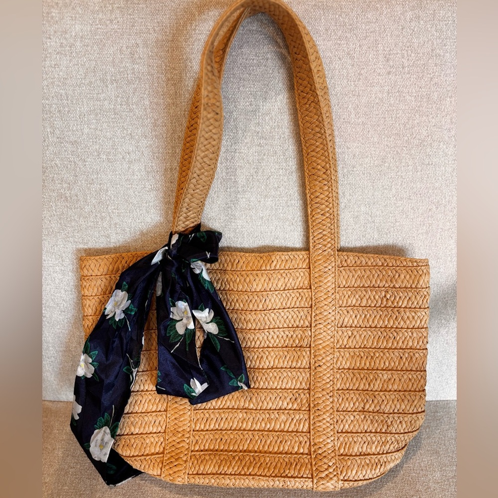 On-trend Draper James Straw Tote with Floral Scarf Accent